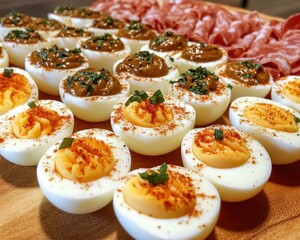 Deviled eggs with assorted toppings arranged on a platter, showcasing a variety of flavors and colors