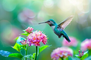 Fototapeta premium A vibrant hummingbird colibri near a flower in a tropical rainforest, capturing the beauty of nature and wildlife in action.