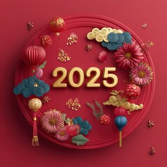In a circular plate 3D rendering, the foreign New Year background, with a red and gold theme, generative ai