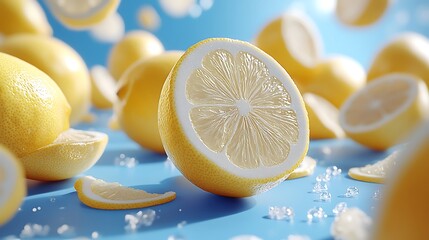 Fresh lemons and slices on a blue background with sugar crystals.