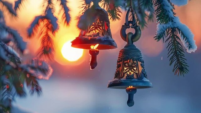 Christmas bells hanging on a snowy branch at sunset during winter solstice