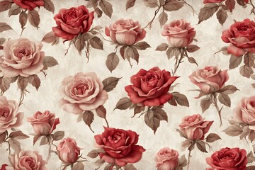 Vintage rose pattern with faded pink and red roses on an off white background with worn texture, AI Generated