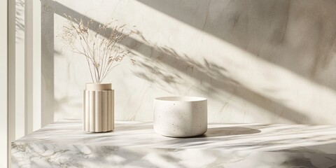 Minimalist Home Decor with Dried Flowers and White Pots on Marble Tabletop
