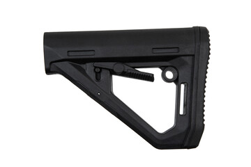 Black adjustable rifle stock, commonly used in firearms for stability and comfort, featuring a textured buttplate and a lever for length adjustment. Isolate on white back