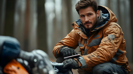 Fototapeta premium Man in Forest with Motorcycle - Realistic Image