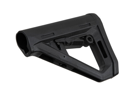 Black adjustable rifle stock, commonly used in firearms for stability and comfort, featuring a textured buttplate and a lever for length adjustment. Isolate on white back