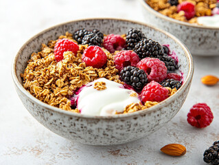delicious high protein breakfast bowl featuring granola, yogurt, and fresh berries. This nutritious meal is perfect for healthy start to day, combining flavors and textures
