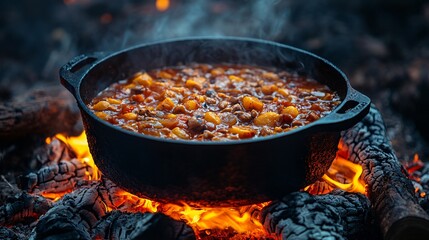 Steaming Chili in Cast Iron Pot Over Campfire