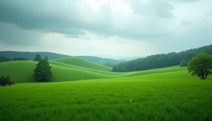 Obraz premium Vast verdant field under a cloudy sky