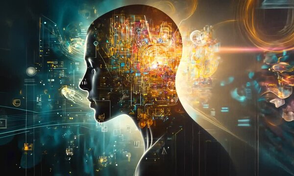 Abstract representation of human mind with digital elements and glowing connections showcasing technology, creativity, and artificial intelligence concept in dark background
