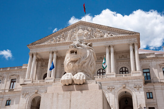 Portuguese parliament building or Palacio de Sao Bento in Lisbon with lion statue