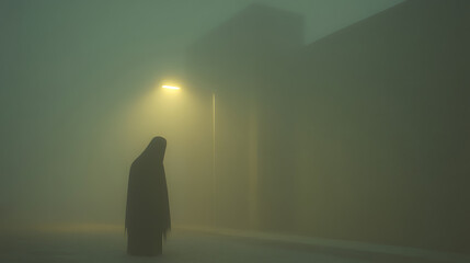 Obraz premium A narrow downtown street at night shrouded in thick fog, with dim streetlights casting a muted, golden glow over rain-slicked pavement that reflects the light.