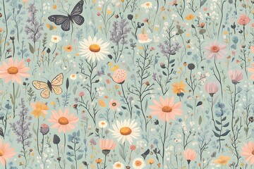 Whimsical meadow flower pattern with wildflowers bees and butterflies in a pastel palette, Ai Generated