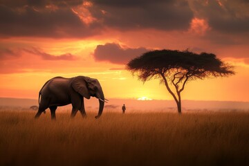 Fototapeta premium Majestic Elephant and Acacia Tree in Serene African Sunset Landscape