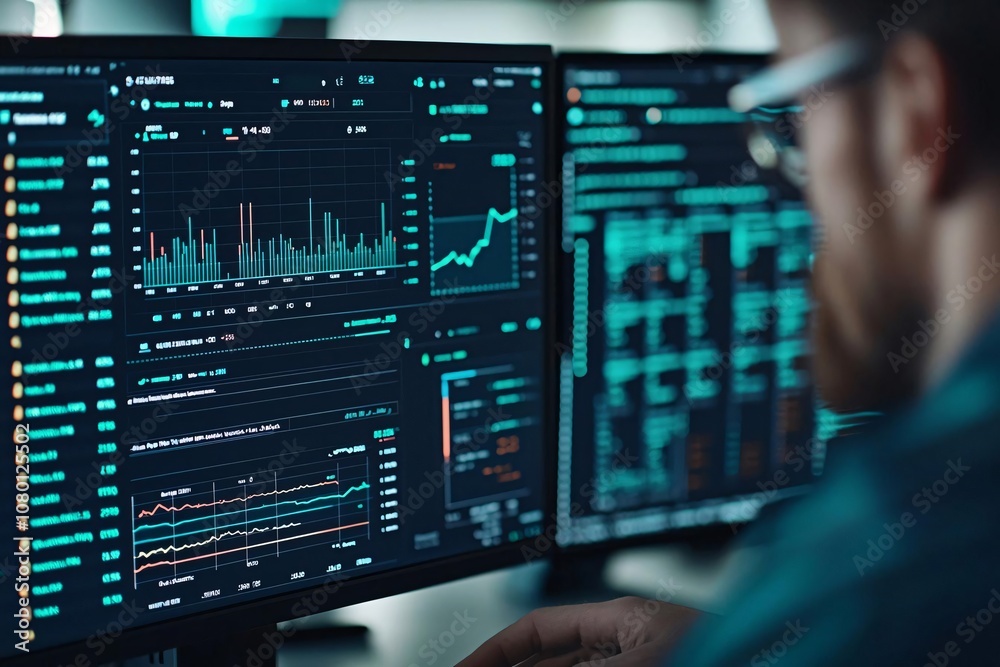Poster a close-up of a person analyzing charts and graphs on multiple computer screens, showcasing data vis