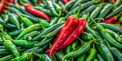 Vibrant green chilies, red chili peppers, tilt-shift photography.
