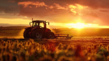Fototapeta premium Agriculture Machinery: Tractor Working in Farm Field with Beautiful Sunset Landscape