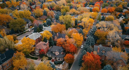 Aerial View Home. Colorful Fall in Denver, Colorado Residential Neighborhood