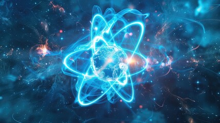 Atom Background. Astronomy Concept with Neon Lights and Shining Surfaces