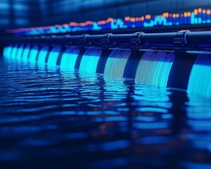 Fototapeta premium A serene view of illuminated water flows, showcasing vibrant blue tones in a modern aquatic environment.