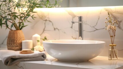 Bathroom Lifestyle. Stylish Vanity Accent with Renovated Vessel Sink in Modern Decoration