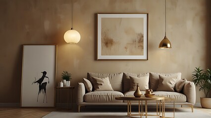 Interior design of harmonized living room with mock up poster frame, shelf, gold lamp, decoration and personal accessories. Beige wall. Stylish home decor.