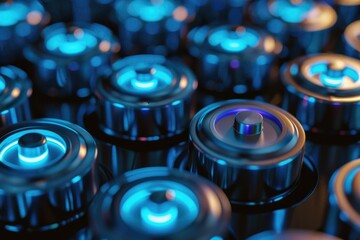 Battery Charge. Rechargeable Battery with Blue Charging Level Indicator Closeup View