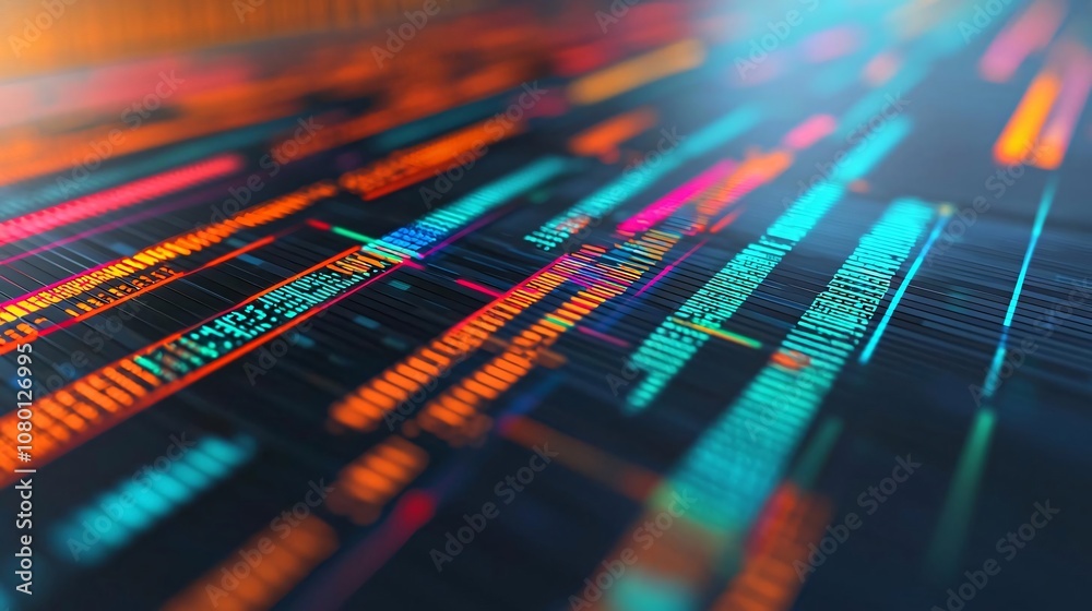 Poster abstract data visualization with vibrant lines representing digital information flow and innovation.