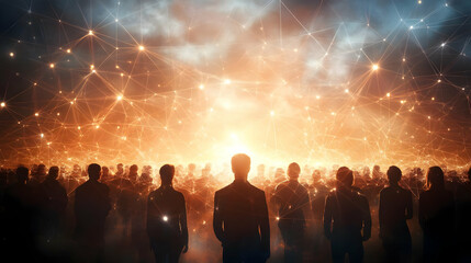 Silhouettes of People Facing Abstract Background of Connected Lights