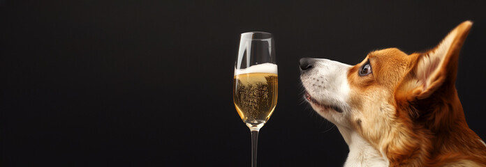 surprised pembroke corgi dog looking at tall champagne glass isolated dark background