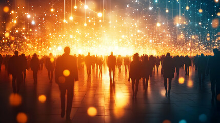 Obraz premium Silhouettes of People Walking Through a Bright, Abstract Background