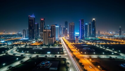 Obraz premium Bright cityscape at night illuminated skyscrapers and highways urban development