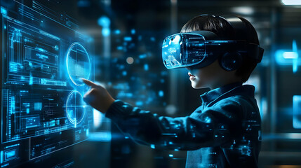 Young Boy Using VR Headset Interacting with Futuristic Interface - Illustration