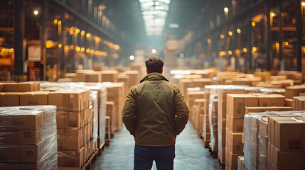 Man in a Warehouse with Cardboard Boxes - Realistic Image