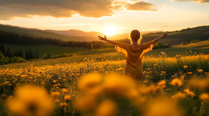 Woman in Yellow Dress Standing in a Field of Flowers at Sunset - Photo
