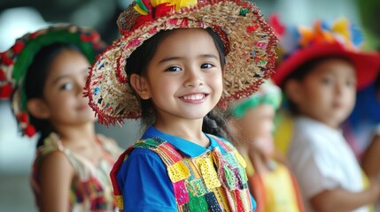 Fototapeta premium A young girl wearing a colorful hat and traditional clothing smiles for the camera.
