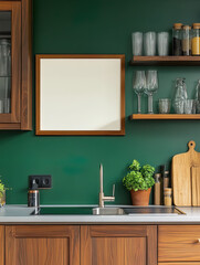Modern Kitchen Corner with White Tone, Wooden Cabinets, Golden Tap, White Sink, Green Plants on Wall, Golden Pendant Light, Cutting Board & Kitchenware