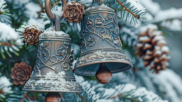 Christmas bells hanging on snowy fir tree branch during winter solstice