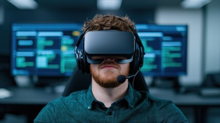 A person wearing a VR headset and headphones, engaged in virtual reality, set against a backdrop of computer screens displaying code and data.