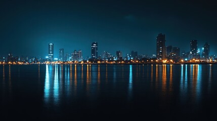Fototapeta premium A serene night cityscape reflecting lights on water, showcasing urban beauty and tranquility.