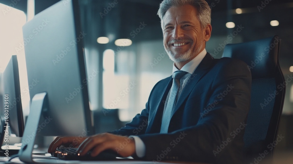 Aufkleber A man in a suit is sitting at a desk with a computer monitor in front of him