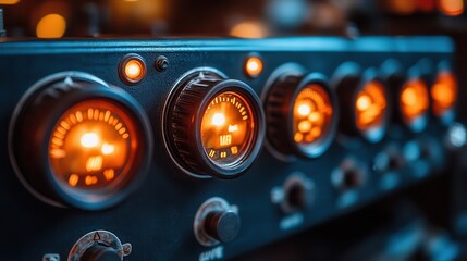 Close-up of a vintage aircraft instrument panel with glowing gauges