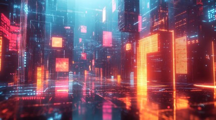 Fototapeta premium Futuristic city with neon lights and glowing digital structures.