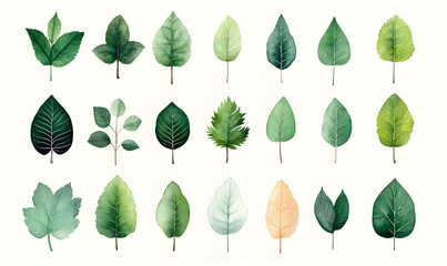 generation AI,Watercolor painted Green leaf leave  icon set