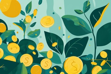 An illustration with abstract green leaves and yellow coins representing financial growth and prosperity.
