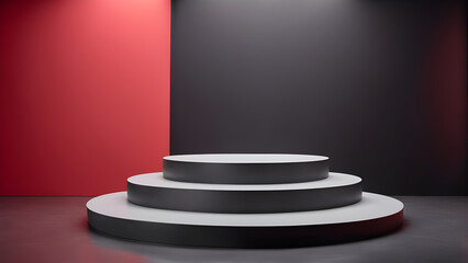 Fototapeta premium black podium with red wall and floor background.