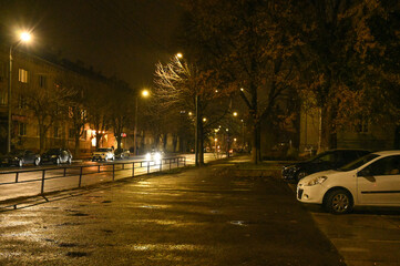  city, evening, the street is lit by lanterns and cars