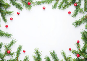 festive arrangement of pine branches and red berries on white background, perfect for holiday decorations and seasonal greetings