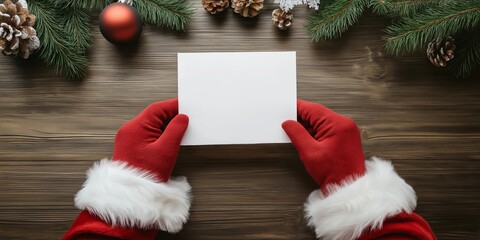 A Santa wearing red gloves holding a white card. The card is blank and the person is holding it in their hands