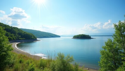  Tranquil lakeside view under a clear sky
